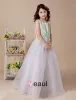 White A-line Jewel Satin Floor Length Flower Girl Dress